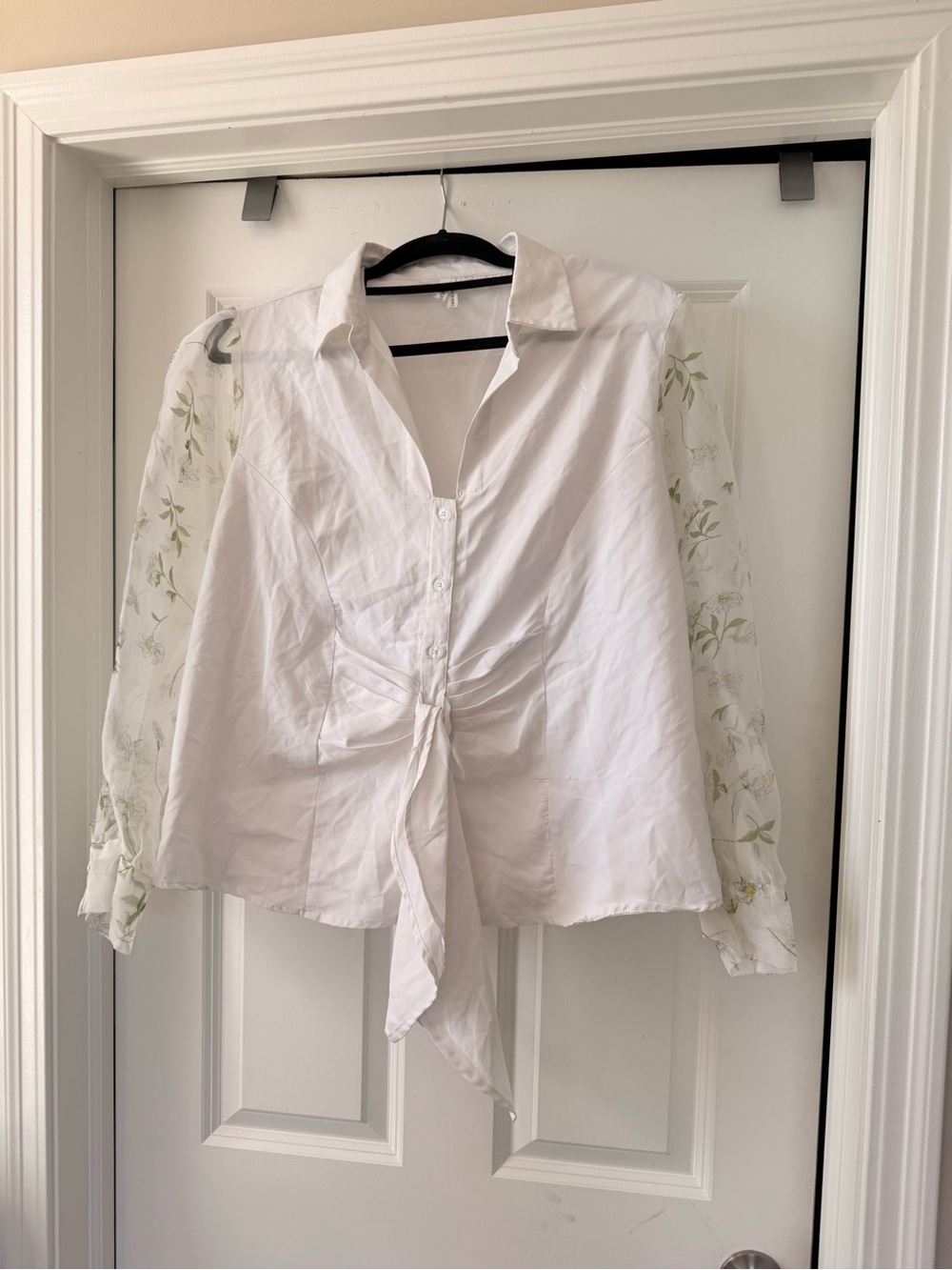 White Tie-Front Button Shirt with Sheer Floral Sleeves